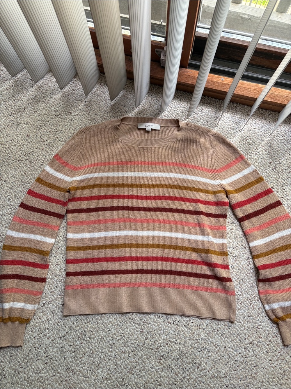 LOFT Women’s Medium Crewneck Sweater Tan with Colorful Stripes